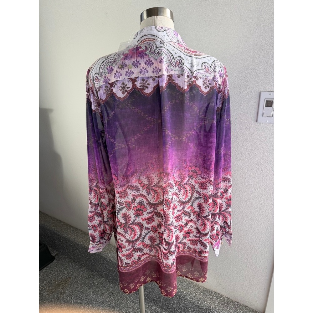 NEW Susan Graver Womens Medium Pink Purple Paisley Button Up Shirt Blouse - Picture 8 of 9